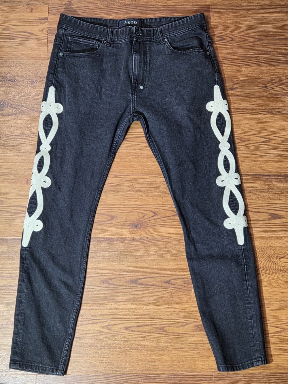 Men's AKOO Black Jeans 36x30, White Side Design